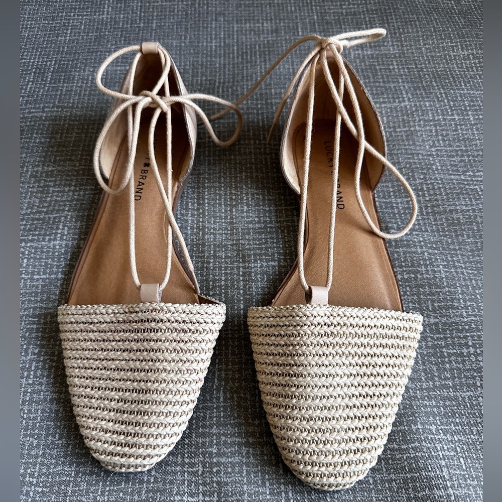Lucky Brand Natural Straw Lace-Up Pointed-Toe Sandals